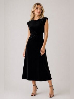 Vintage Marian and Maral Black Velvet Cap Sleeve Midi Dress